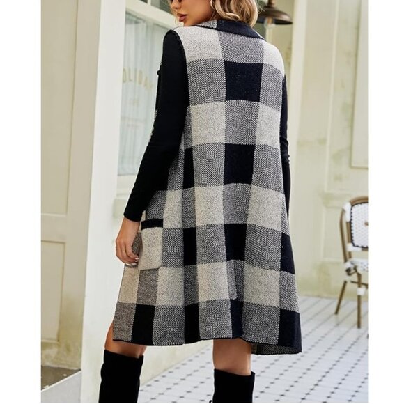 NEW Open Front Knit Cardigan Jacket Plaid Blazer Vest S Sleeveless Jacquard Long - Picture 3 of 15